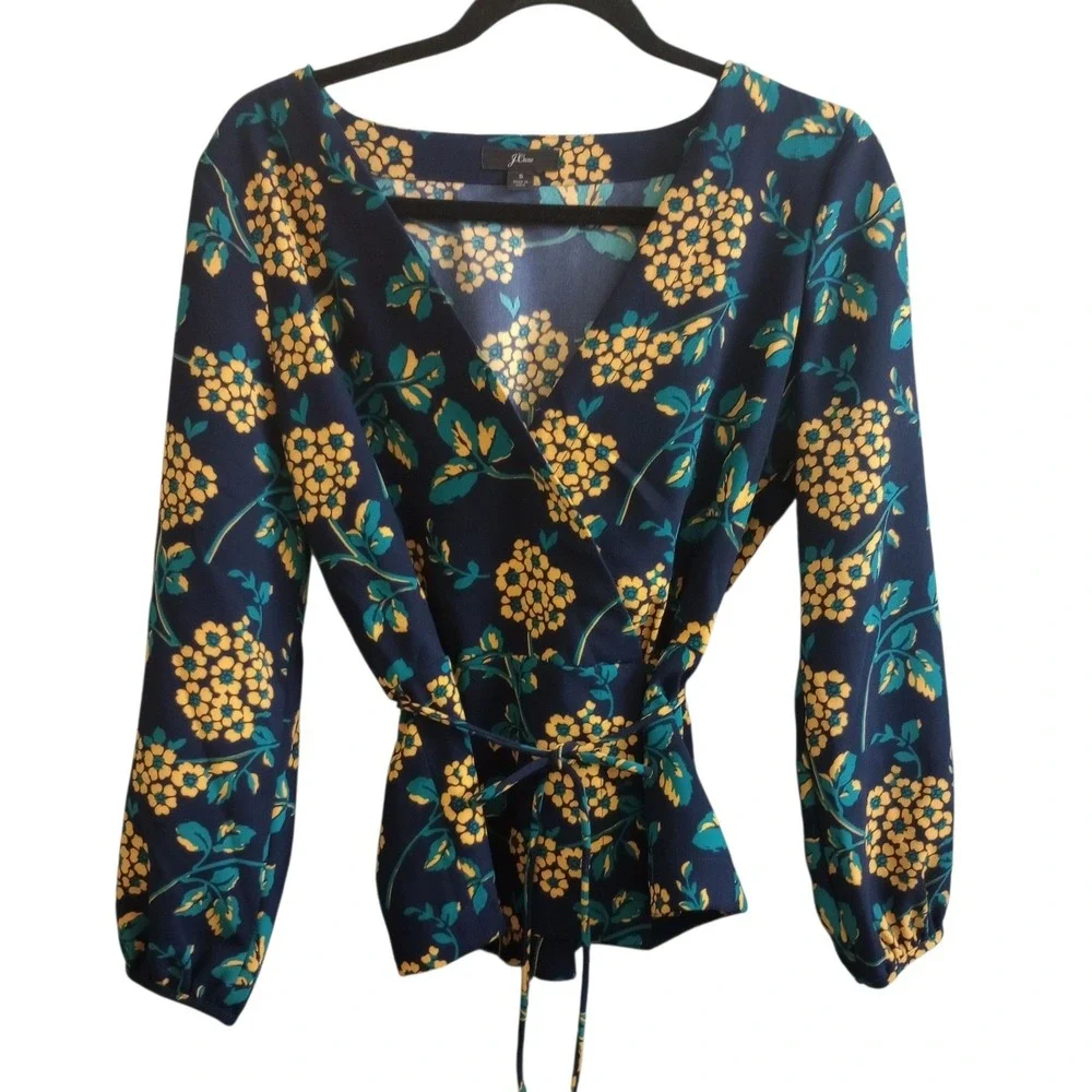 J. Crew Faux Wrap Blouse Floral Long Sleeve Career Office Wear Size Small - Picture 1 of 5